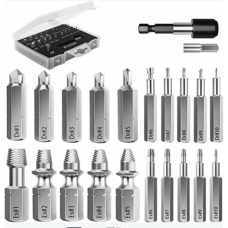 22 PCS Outils d'Extraction Améliorés en Acier Allié HSS 4341 avec Mèches 2 Porte-embouts d'Extension Magnétique Adaptateur de Prise pour Boulon Endommagé (1/4)
