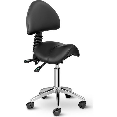 Fauteuil-selle noir avec dossier réglable 90-120° – Surface d’assise 34x39 cm – Hauteur réglable 55-69 cm – Roulettes pivotantes – Physa (1/5)