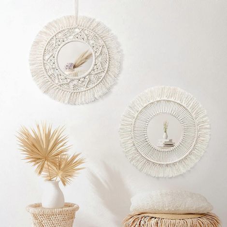 Ensemble de 2 miroirs muraux ronds avec frange suspendu miroir pendentif Art ornement décor (Beige) (1/5)