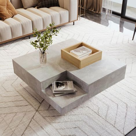 Mesa de centro cuadrada de diseño para salón - con compartimento extraíble y luz LED - 72 x 72 x 30 cm - Efecto hormigón gris y madera clara (1/5)