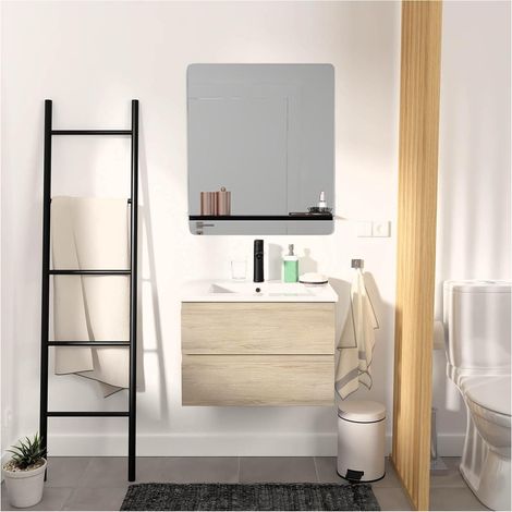 Meuble simple vasque 60cm SORRENTO chêne+vasque noire+robinet+miroir rectangle