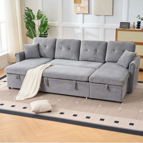 U-förmiges Ecksofa 266/130 cm in Grau aus Chenille, mit Schlaffunktion und Stauraum (1/5)