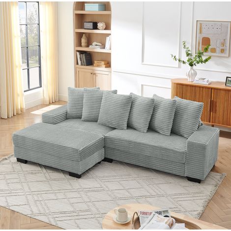 Sofá esquinero L de 4 plazas 256,5 x 133,5 x 89 cm pana gris con 6 cojines (1/5)
