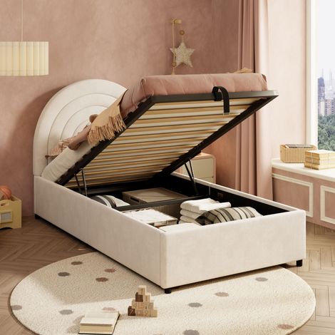 Bett Einzelbett Stauraum 90x200 Samt Beige OKMYHOME