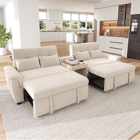 U-Schlafsofa 284x138x89 cm aus beigem Chenille, 2 Schlafplätze, platzsparend – MEUBLIV (1/5)