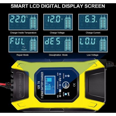 Caricabatterie Portatile Intelligente 7A/12V LCD Display Riparazione Moto e Auto Giallo (1/3)