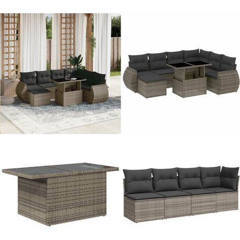Salon de jardin 8 pcs avec coussins gris résine tressée - Salon De Jardin - Mobilier Extérieur - Set Salon - Résine Tressée - Rotin Synthétique - Home & Living (1/5)