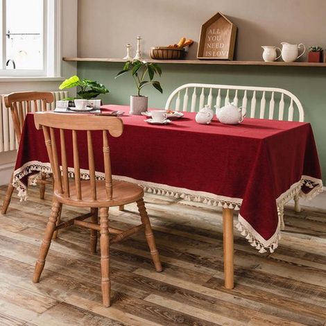 Nappe rouge, 260 x 145 cm, nappe de Noël à franges, linge de table rouge imperméable pour dîner de Noël, rouge et blanc (1/5)