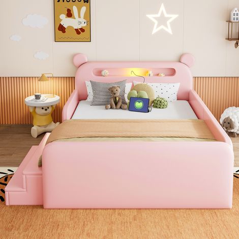 Cama infantil tapizada de 140 x 200 cm con cabecero de oso, luz nocturna, puerto de carga USB, espacio de almacenamiento integrado y asiento con escalón – segura y práctica, apta para niños y niñas, f (1/5)