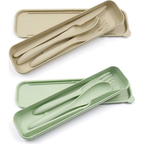 Ensemble de couverts de voyage portables 2 pièces, couverts réutilisables pour le travail, l'école, les pique-niques, le camping (BEIGE, VERT) (1/5)