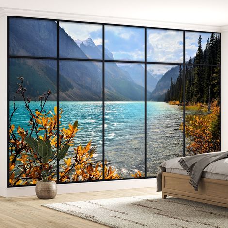 Papier peint panoramique Trompe l'oeil Verrière - Vue lac - 130 cm x 82 cm (1/5)
