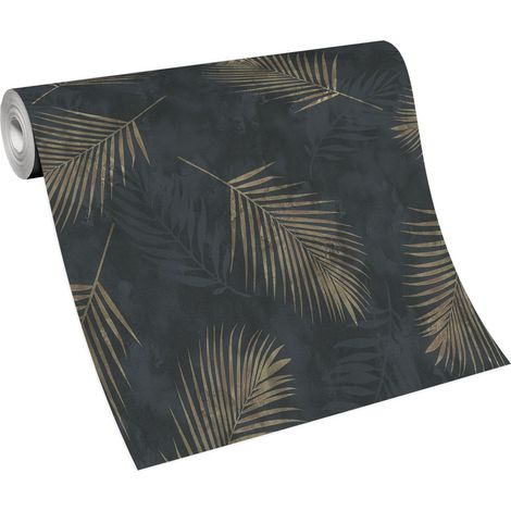 Papier peint noir et or feuille exotique – Tapisserie moderne intissée vinyle – Résistant à l'humidité pour salle de bain et cuisine – Bricoflor (1/3)