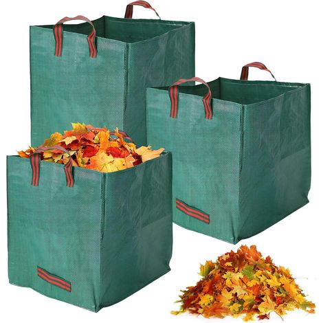 3 x 270 l robuster grüner Gartenabfallsack, großer quadratischer wiederverwendbarer Polypropylen-Aufbewahrungsbeutel für Blätter, Zweige, Gras und Hausmüll (grün) (1/5)