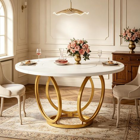 Table à manger ronde 120 x 120 cm en MDF et métal, plateau blanc, piètement doré, 4 à 6 places, bords arrondis, montage facile, pour salle à manger, cuisine ou salon – CHICFURN (1/5)