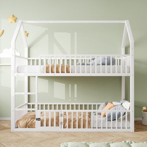 Kinder-Etagenbett, Metall-Doppelbett, Kinder-Familienbett, Etagenbett mit Treppe, Loft-Design, Unteres Bett mit kleiner Tür zum Öffnen und Schließen