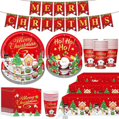 102 Pièces Vaisselle en Papier de Fête de Noël, 25 x 23CM Assiettes Plates, 25 x 19CM Assiettes à Salade, 25 x Tasses, 25 x Serviettes, 1 x Nappe et Banderole - pour Noël Fêtes Décoration (1/5)