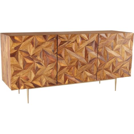 Buffet ARAVIS 144 cm en bois massif de sheesham – 3 portes sculptées, marron et pieds dorés (1/5)