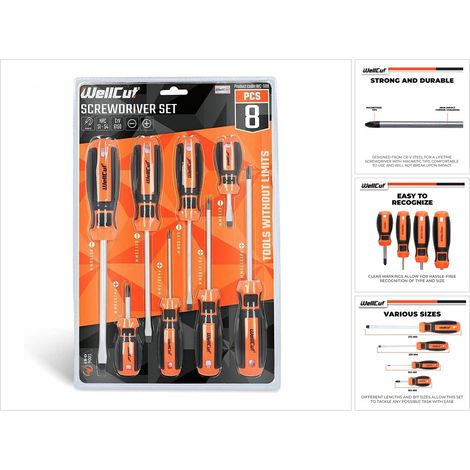 WellCut magnetisches Schraubendreher-Set, 8-teilig, Kreuzschlitz-Schlitz-Werkzeug-Bit, Chrom-Vanadium-Stahl, mit weichen Soft-Grip-Griffen ( WC-SD8 ) (1/5)