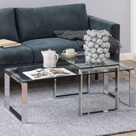 Lot de 2 tables basses en verre et métal chromé - ODELYA