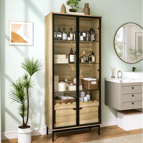 Vitrina alta con puerta de cristal, estantes ajustables, cajón y patas metálicas (1/5)