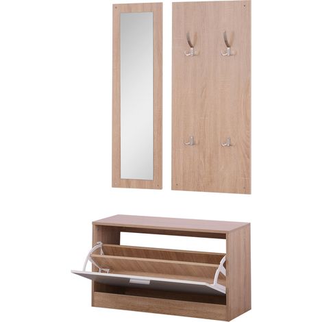 Ensemble de 3 meubles d'entrée en bois comprenant un porte-chaussures, un porte-manteau et un miroir, 80 x 27 x 46,5 cm - Couleur bois
