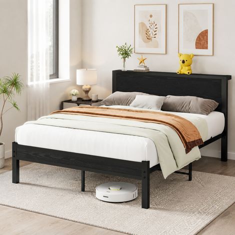 Cadre de lit plateforme 120x200 cm en métal et MDF noir avec tête de lit de rangement (1/5)