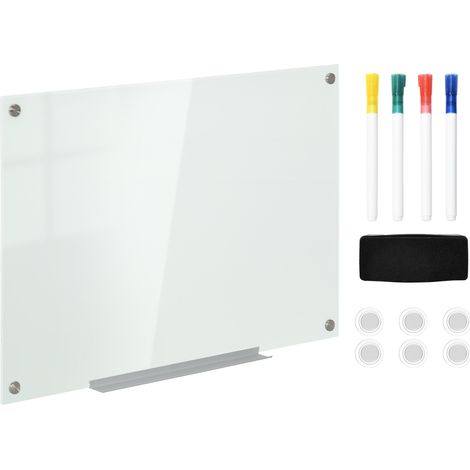 Tableau blanc magnétique en verre 90x60 cm avec 4 feutres, 6 aimants, 1 tampon et support aluminium pour mur (1/5)