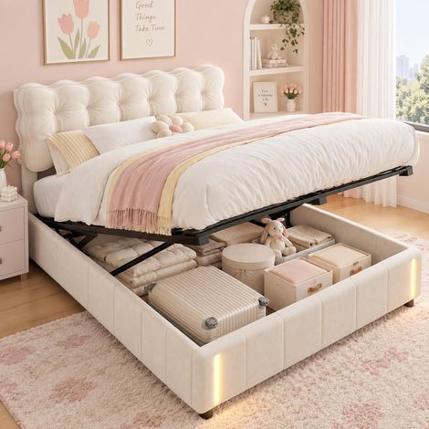 Cama canapé abatible 160x200 cm hidráulica con arcón, Tira LED con sensor y cabecero capitoné con forma de nube, de terciopelo, Beige (1/5)