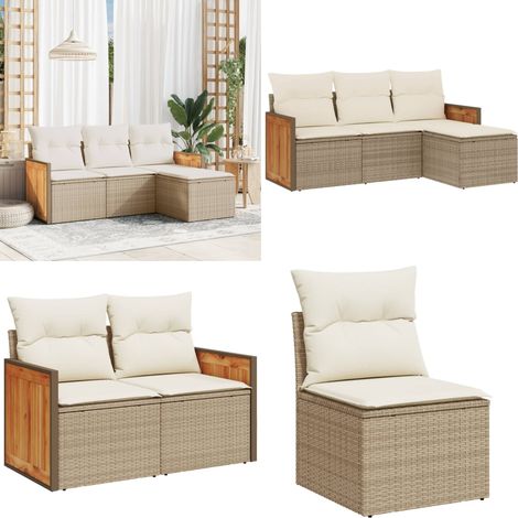 Salon de jardin avec coussins 4 pcs beige résine tressée - Ensemble Salon De Jardin - Meuble De Jardin - Salon Extérieur - Mobilier De Jardin - Chaise Longue - Home & Living (1/5)
