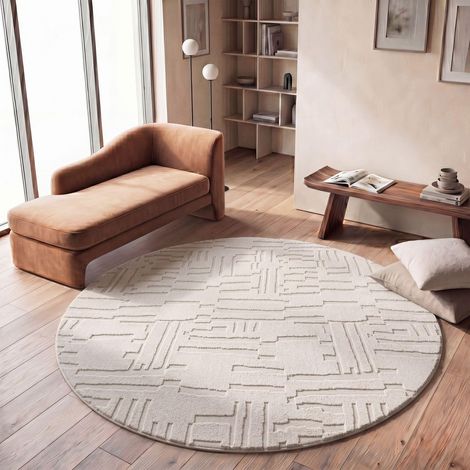 Shaggy Tapis Chambre Haut Poil Bohème Scandi Abstrait Unis Lavable Geometrique, Crème 6, 120 cm Rond (1/5)