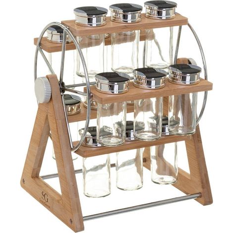 5Five Simply Smart – Présentoir à épices en bambou sur roue – 15 pots en verre – Dimensions 31.4cm hauteur, 26.5cm largeur – Carrousel rotatif pour accès rapide (1/7)