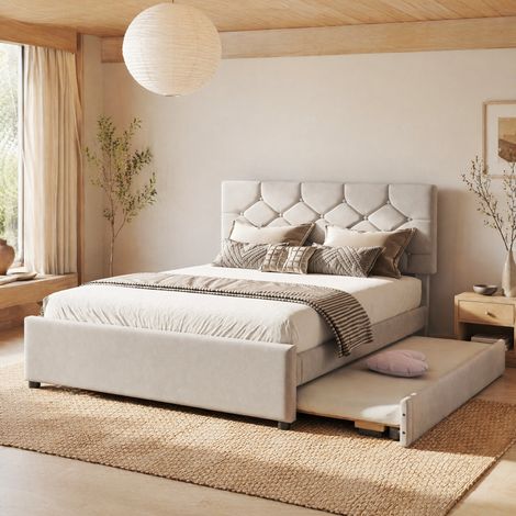 DESMIU Lit gigogne Lit Double avec lit tiroir, 140 × 200 cm et 90 × 190 cm, sans matelas, velours beige (1/5)
