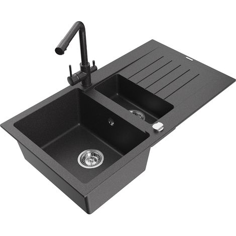 Mexen Matias 1,5-Becken-Granitspüle mit Abtropffläche und Mischbatterie Duero, Schwarz gesprenkelt - (1/5)
