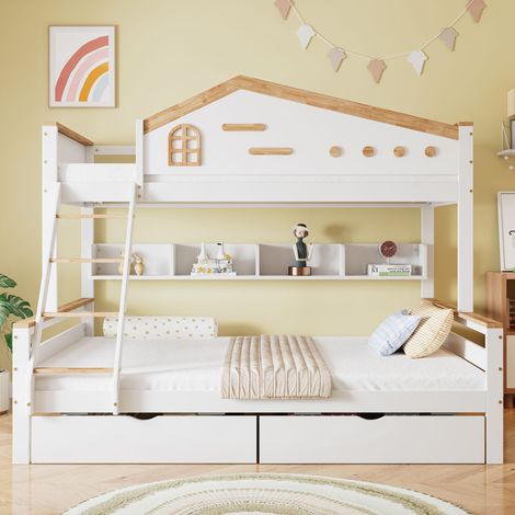 Lit superposé enfant 90/140×200cm blanc/naturel,anti-chute,fenêtre,échelle 4 marches,2 tiroirs,étagère ouverte,pin+MDF