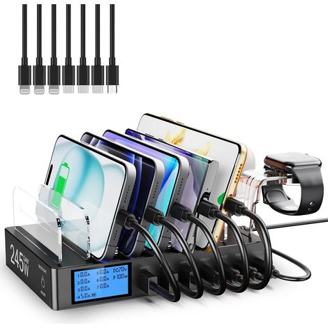Station de Charge USB pour Plusieurs appareils, 7-Port USB Multi Charge 245W avec 7 Câbles, Station Chargement avec écran LCD, Compatible avec Téléphones, Tablettes et Autres Appareils - Noir (1/5)