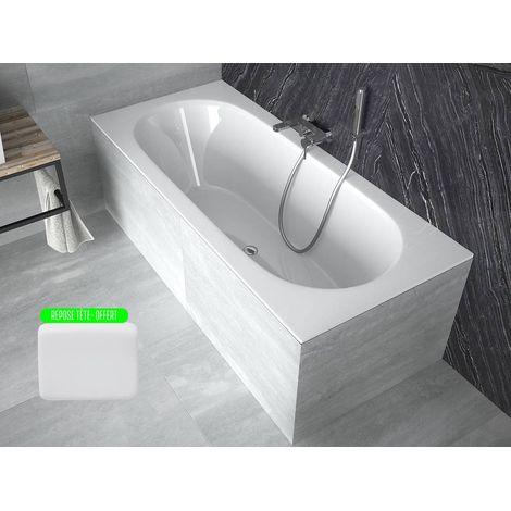 Baignoire rectangulaire blanche à encastrer + repose tête - 160 x 75 - VITAE SLIM (1/3)