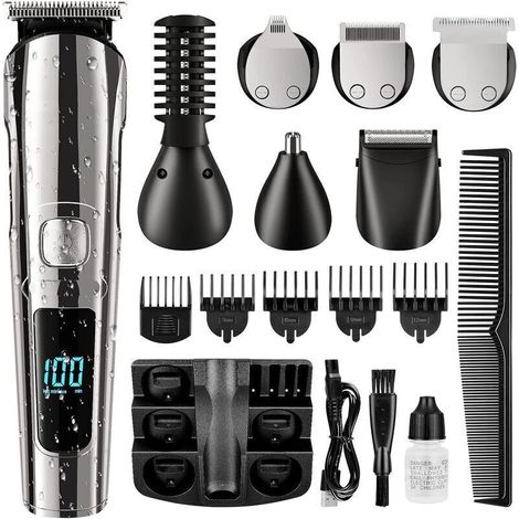Tondeuse barbe sans fil étanche – Kit de toilettage tout-en-un avec 6 têtes de coupe – Lame acier inoxydable – Rechargeable USB (1/5)