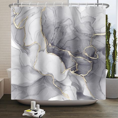 Rideau de douche marbre gris/or fluide 105x160 cm, lignes courbes dorées, tissu polyester
