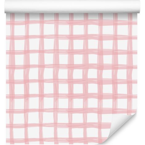 Papel pintado a cuadros blancos y coral para salón y dormitorio, 50x1000 cm (1/5)