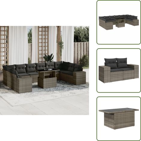 11-tlg. Garten-Sofagarnitur mit Kissen Grau Poly Rattan - Gartenmöbel Set - Esszimmergarnitur - Outdoor Möbel - Lounge Garnitur - Rattan Gartenmöbel (1/5)