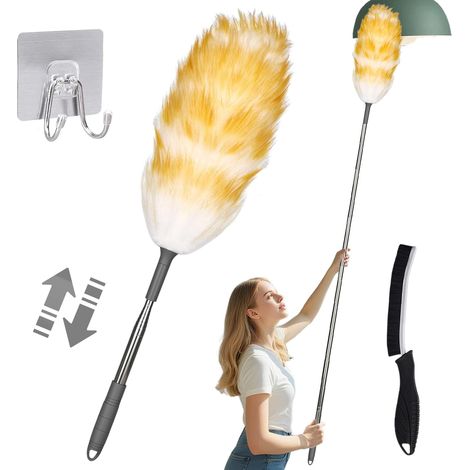 Spolverino da 140 cm + spazzola per fughe + gancio, spolverino telescopico in pregiata lana d'agnello, lavabile, assorbimento elettrostatico della polvere per soffitti e superfici (1/5)