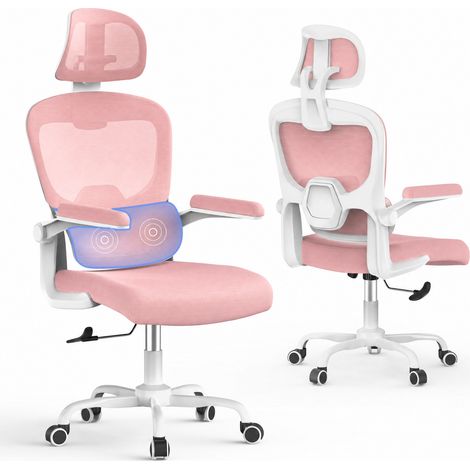 Chaise de Bureau - Xhomrattan Ergonomique Siège - Fauteuil avec accoudoir rabattable à 90° - Support Lombaire Adaptatif - Rose (1/5)