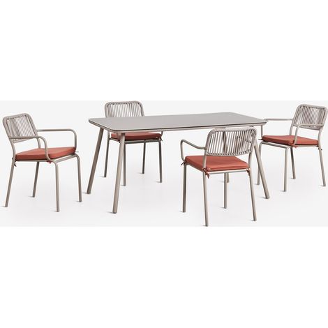 SKLUM Rechteckiger Gartentisch 160x90 cm und 4 stapelbare Gartenstühle aus geflochtener Schnur Arhiza Mokka-Braun – Terrakotta (1/5)