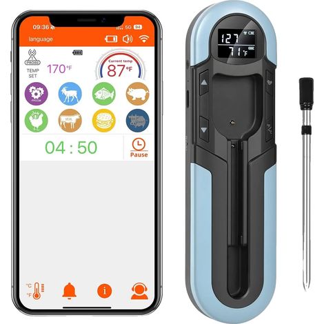 Termometro per carne, connettività Bluetooth, design impermeabile, blu (1/2)