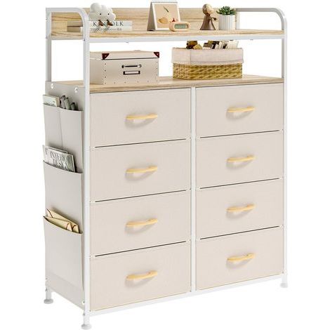 Commode 8 tiroirs, meuble de rangement, poignées faciles, cadre métal Beige