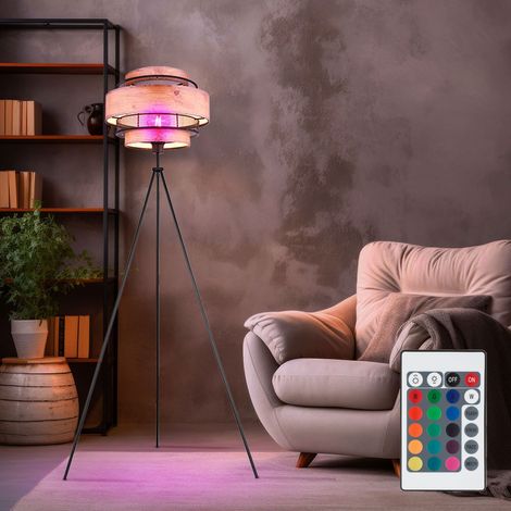 LED Stehleuchte dimmbar mit Fernbedienung Deckenfluter Holz Wohnzimmerleuchte Beistelllampe Schlafzimmer, RGB Farbwechsel. 3-Bein Stativ Metallgeflecht schwarz, 4W 470lm warmweiß, H 150 cm