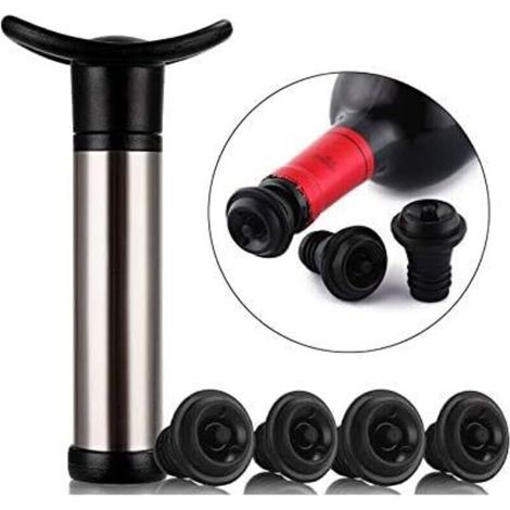 Pompe à vin Pompe à vide en acier inoxydableUtilisée pour la conservation du vin, la pompe à vin est utilisée pour éliminer l'air et la conservation du vin sous vide, avec 4 bouchons (1/5)