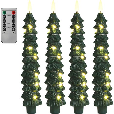 Bougies effilées sans flamme en forme de sapin de Noël (vertes, avec télécommande et minuteur) – Guirlande lumineuse incluse lot de 4 (idéal pour la décoration intérieure des fêtes d'hiver) (1/5)