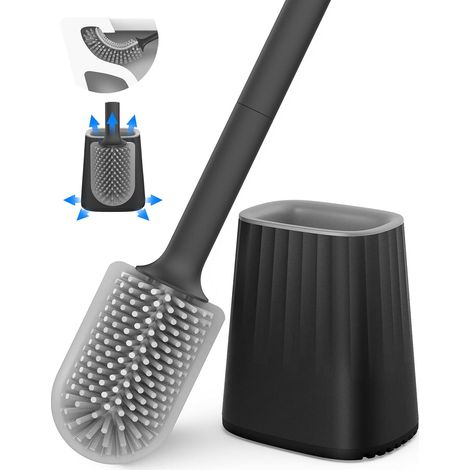 Brosse Pour Toilettes - Tête Double Face En Silicone - Support Mural Et Pied Au Sol - Manche Long - Contenant Inclus - 1 Pièce (1/5)