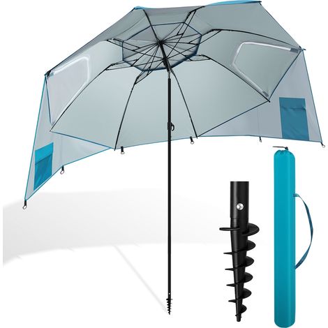 Randaco Strandschirm mit Spiral-Bodenanker 210 cm, UPF 50+ Sonnenschutz, wasserabweisend, höhenverstellbar, ideal für Strand Camping Garten Himmelblau
